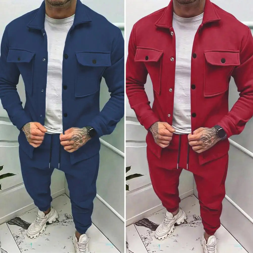 Men's Turn-Down Collar Cargo Utility Pocket Button Front Jacket + Sweatpants Activewear 2-Piece Set
