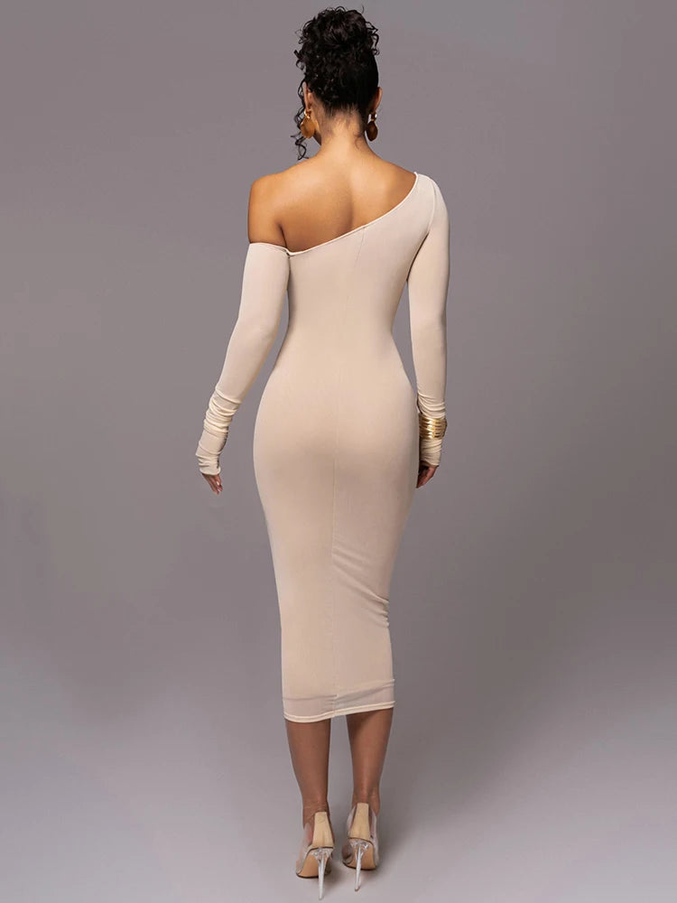 Ruched Diagonal Collar Long Sleeve Layered Mesh Backless Bodycon  Dress