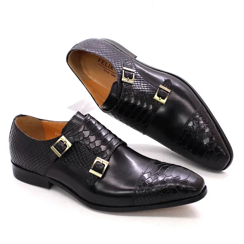 Men's Italian Leather Buckle Strap Design Pointed Toe Oxford Loafer Dress Shoes