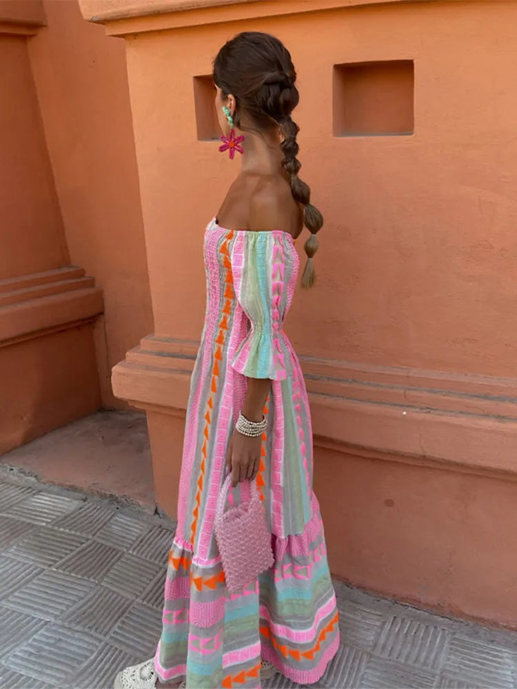 Pastel Rainbow Striped Boho Ruffled Long Sleeve Off-the-Shoulder Backless Maxi Dress