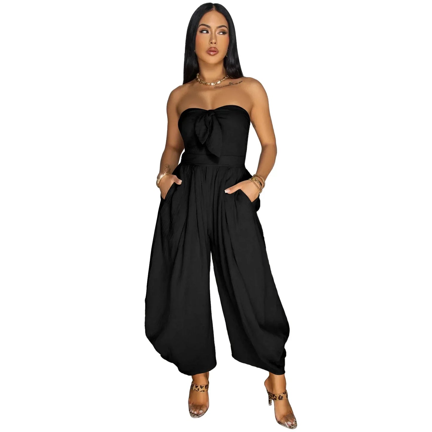 Sleeveless Bowknot Design Solid Color Baggy Tube Top Women's Jumpsuit