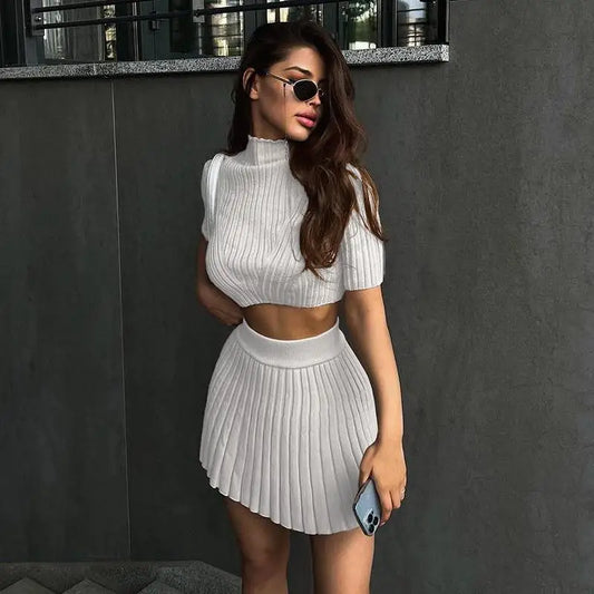 Ribbed Knitted Solid Color Short Sleeve Crop Top + Pleated Mini Skirt 2-Piece Set