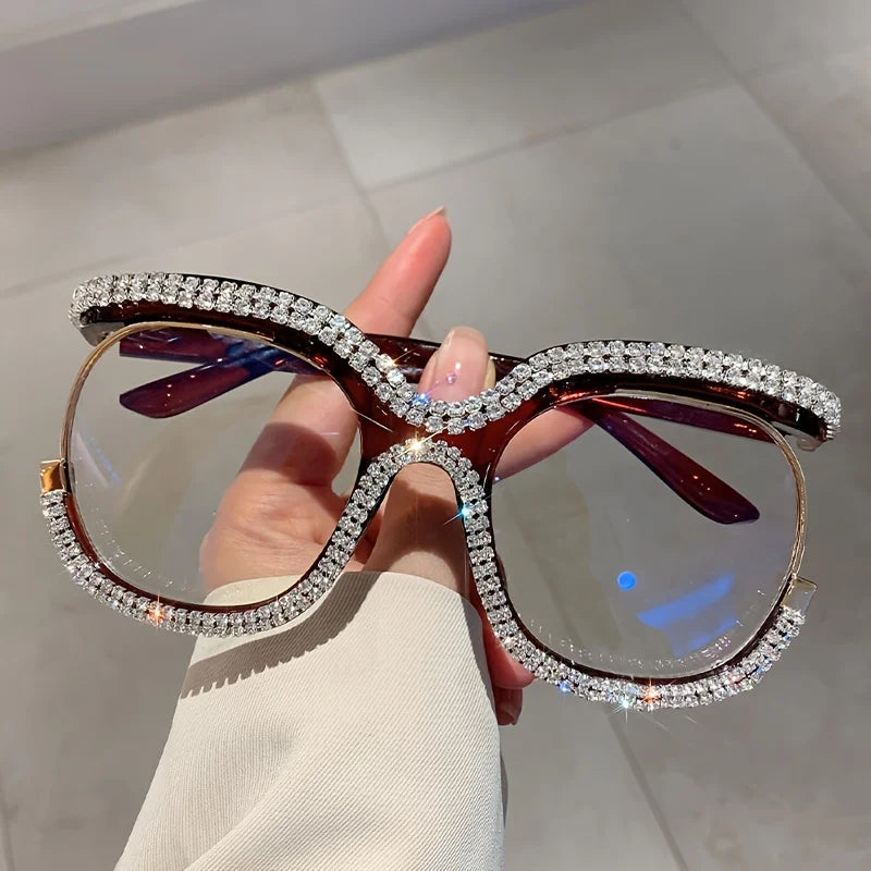 Rhinestone Crystal Decor Round Oversized Reading Eyeglasses