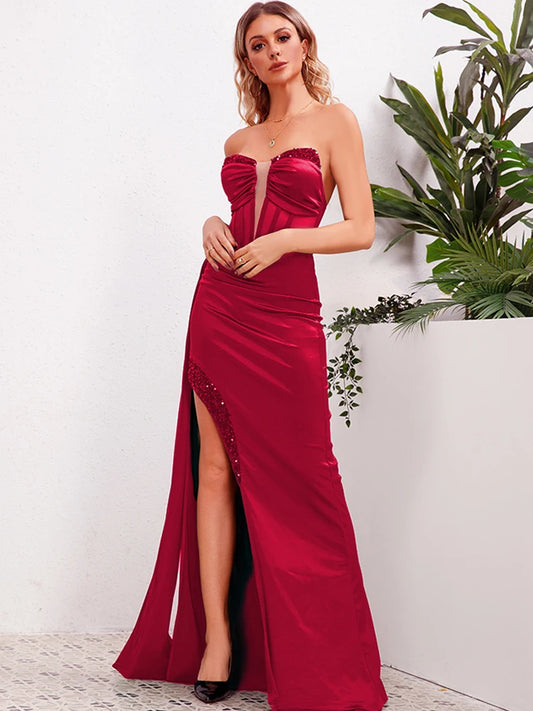 Asymmetrical Corset Sleeveless Off-the-Shoulder Deep V-Neck Backless Wrapped Fishbone High Slit Formal Party Prom Dress