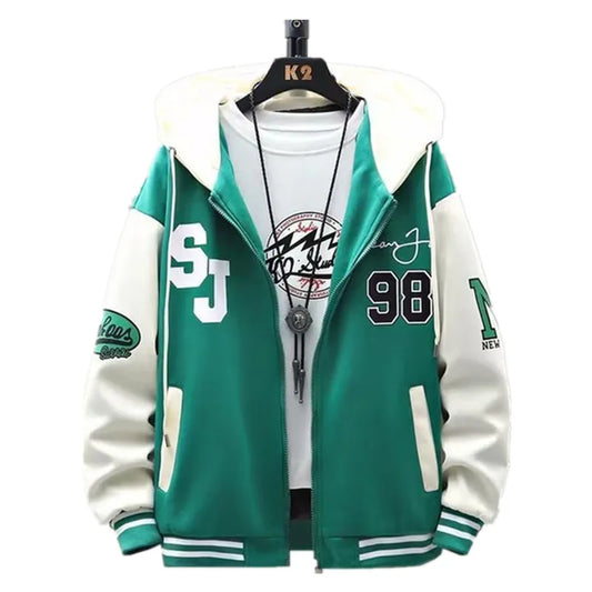 Men's Hip-Hop Hooded Letterman's Slim Fit Baseball Bomber Jacket