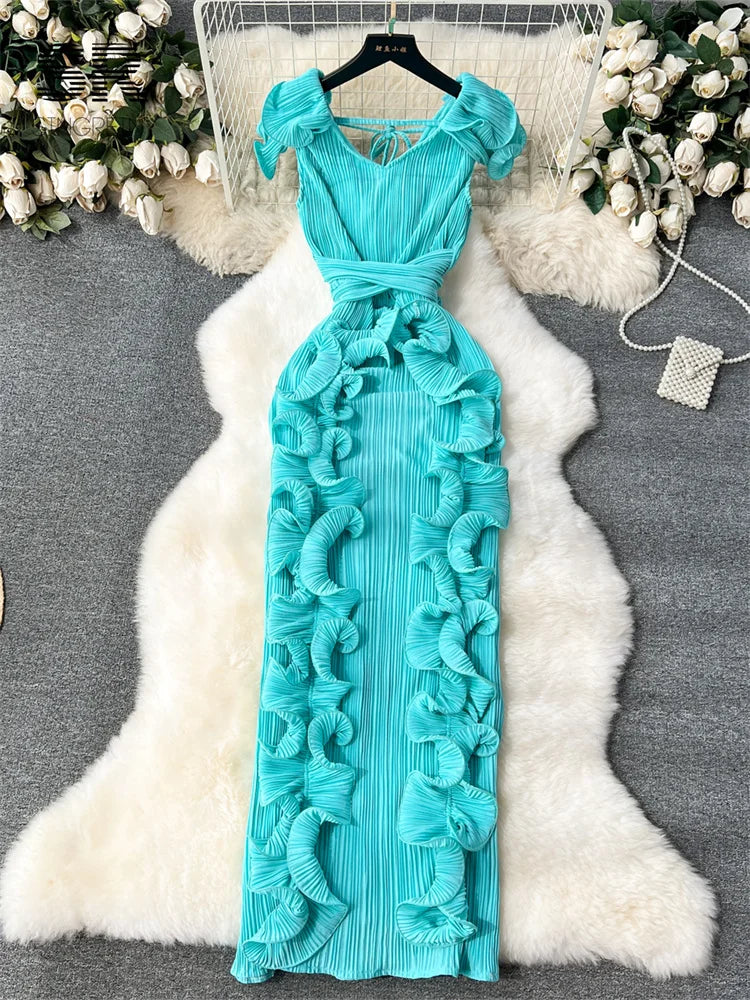 Rose Flower Ribbed Ruffled Design Off-the-Shoulder Sleeveless Solid O-Neck Elastic Waist Formal Maxi Dress