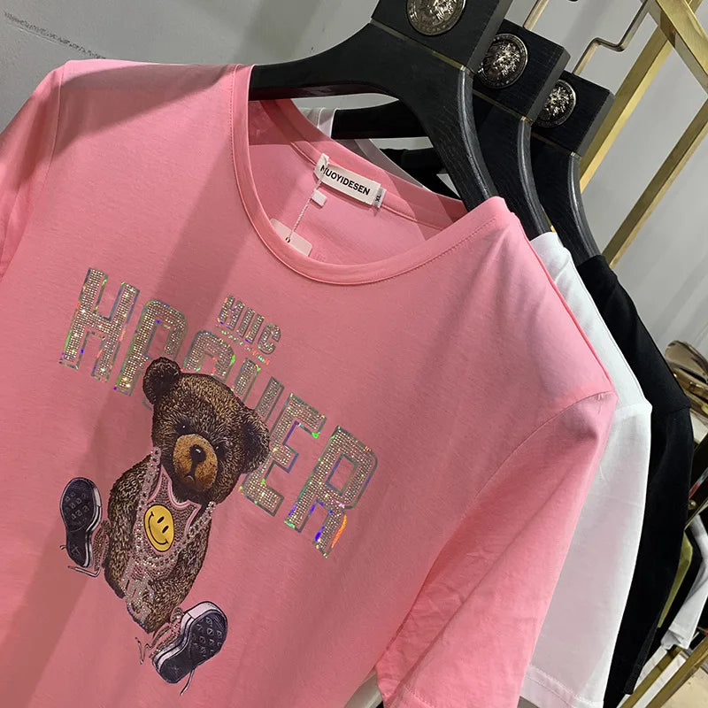 Men's Hip-Hop Teddy Bear w/ Chain Print Streetwear Diamond O-Neck Short Sleeve T-Shirt