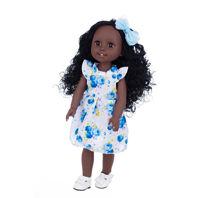 35cm African Black Girl w/ White & Blue Flowered Dress Doll