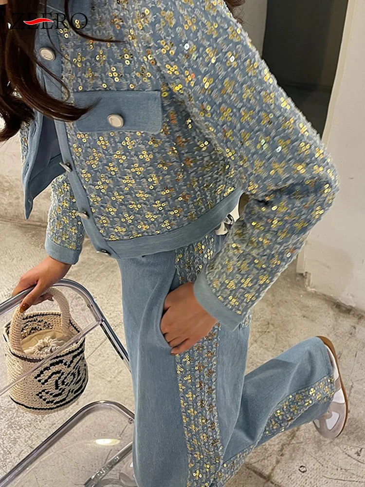 Sequin Women's Vintage Frayed Denim Jacket + Patchwork Wide Leg Jeans 2-Piece Set to 3X  Plus Size