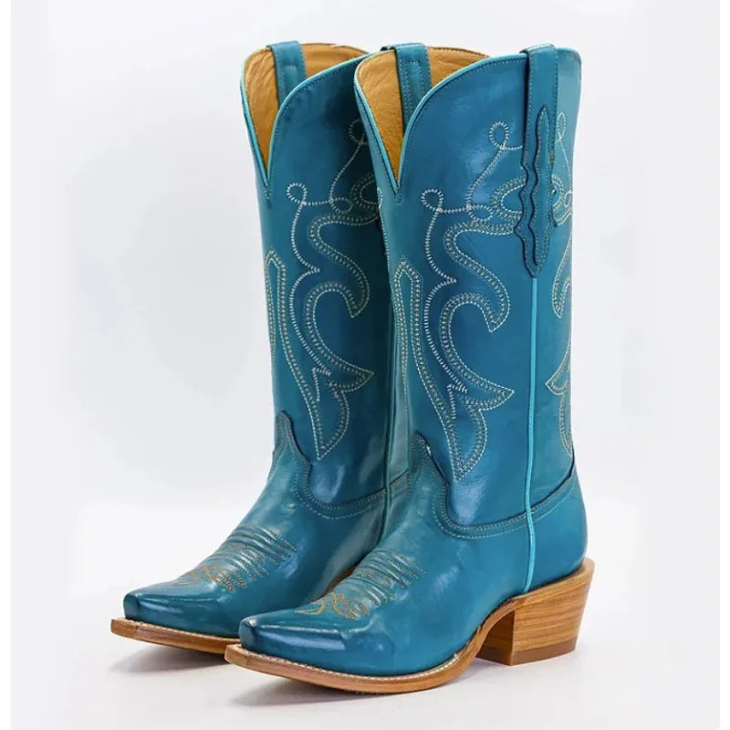 Western Flower Embroidered Pointed Toe PU Leather Midi Cowgirl Boots
