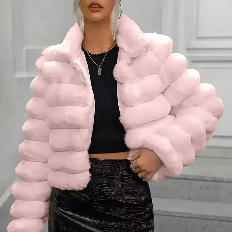 Ribbed Women's Faux Mink Fur Solid Color Turn-Down Collar Long Sleeve Jacket to 3X Plus Size