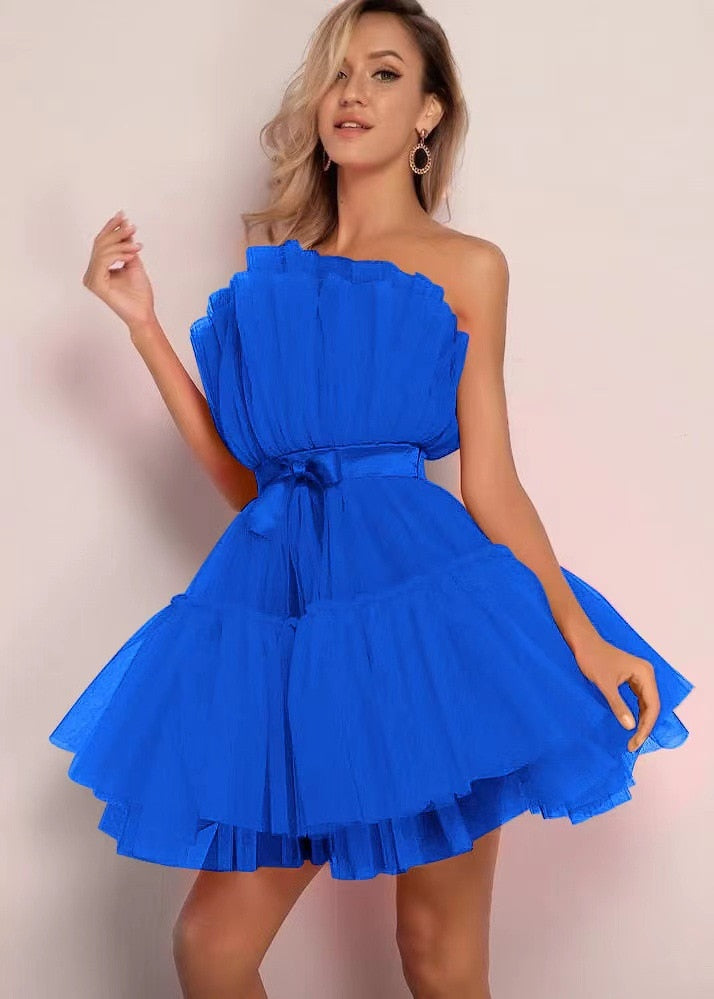 Ruffle Strapless Gauze Party Dress