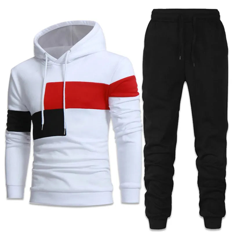 Men's Patchwork Colorblock Striped Hooded Sweatshirt + Sweatpants Tracksuit