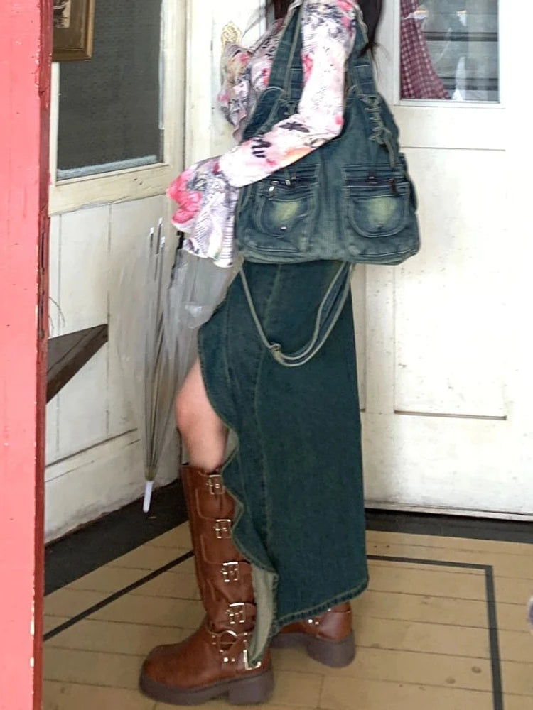 Denim Ruffled Washed Grunge Cyber Punk Double High Slit Coquette Maxi Jean Skirt