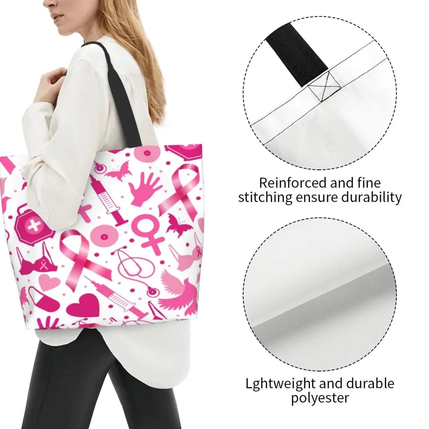 Breast Cancer Awareness Pink Ribbon Shopping Tote Bag