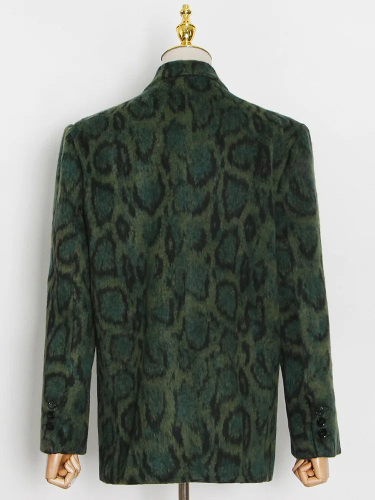 Green Leopard Print Notched Long Sleeve Temperament Colorblock Loose Women's Blazer