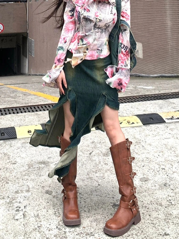 Denim Ruffled Washed Grunge Cyber Punk Double High Slit Coquette Maxi Jean Skirt