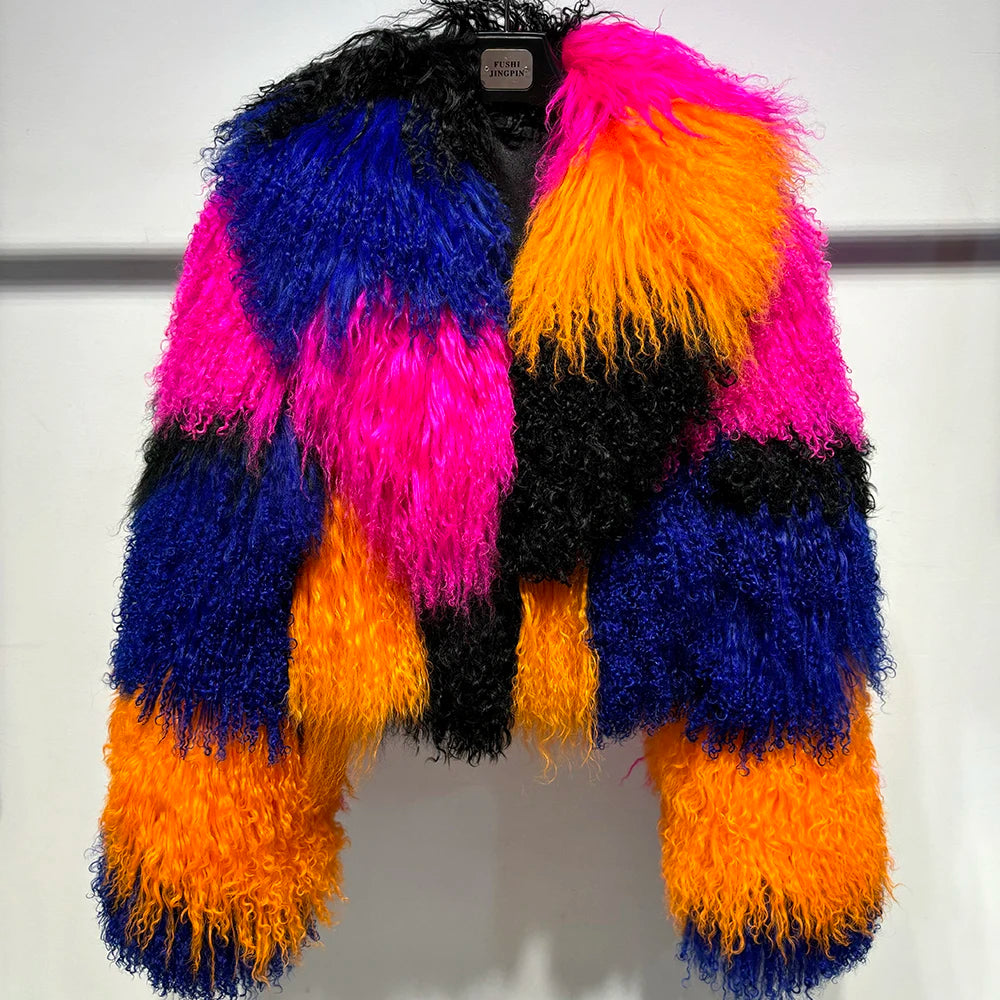 Shaggy Mongolia Sheep Fur Oversized Collar Women's Jacket to 8X Plus Size