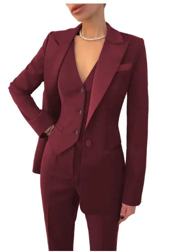 Solid Color Women's Tuxedo Blazer Jacket + Button-Up Vest + Pants 3-Piece Formal Wedding/Party Suit