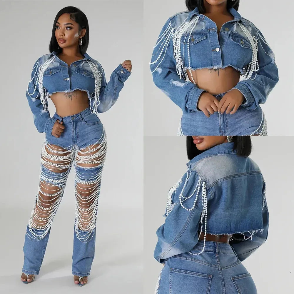 Denim Pearl Tassel Chain Embroidered Long Sleeve Women’s Turn-Down Collar Western Rodeo Jean Jacket OR Jeans-SOLD AS SEPERATES