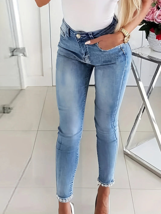 Women's Blue High-Stretch Skinny Jeans w/ Faux Pearl Decor Jeans