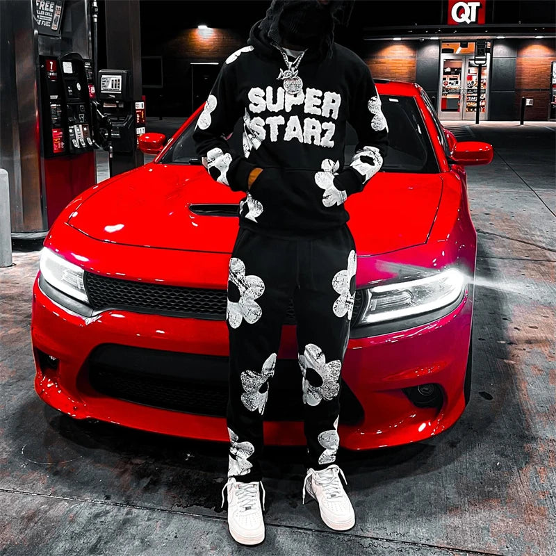 Men's "SUPERSTAR" Letter Print Big Flower Design Hoodie Sweatshirt + Drawstring Sweatants Hip-Hop Tracksuit