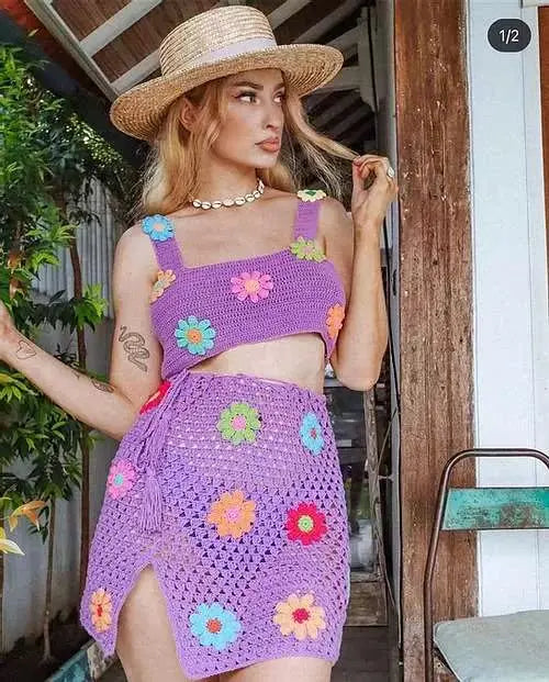 Crochet Big Flower Pattern Knitted Women's Sweater Tank Top + Drawstring Mini Skirt 2-Piece Set