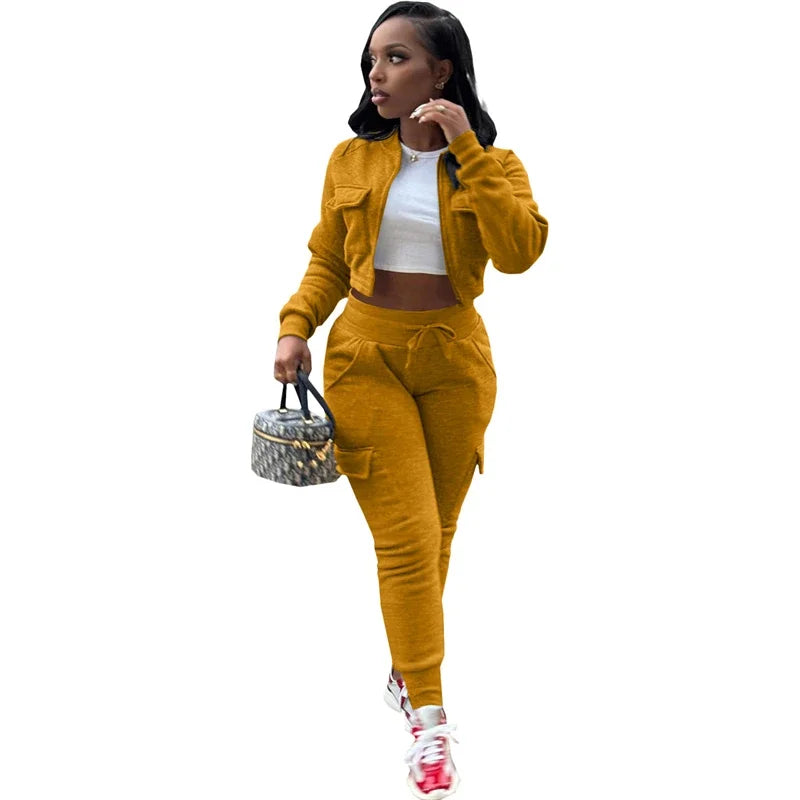 Streetwear Women's Solid Cropped Zipper Jacket + Drawstring Cargo Sweatpants Tracksuit