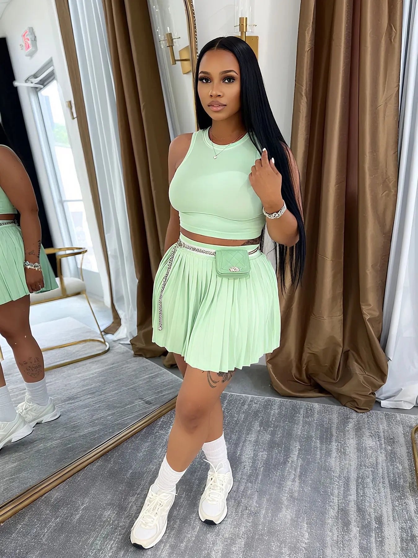 Sleeveless Solid Color O-Neck Crop Tank Top + Pleated Mini Tennis Skirt Women's Fitness 2-Piece Set