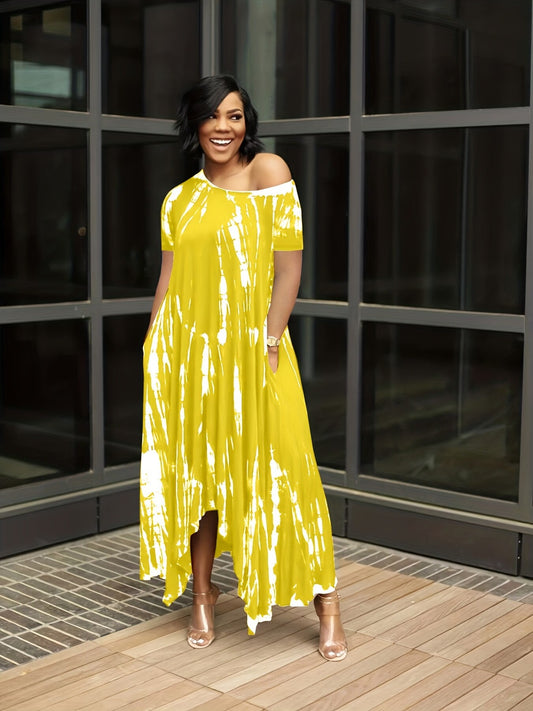 Colorblock Tie-Dye Short Sleeve Asymmetrical Hem Maxi Dress to 5X Plus Size