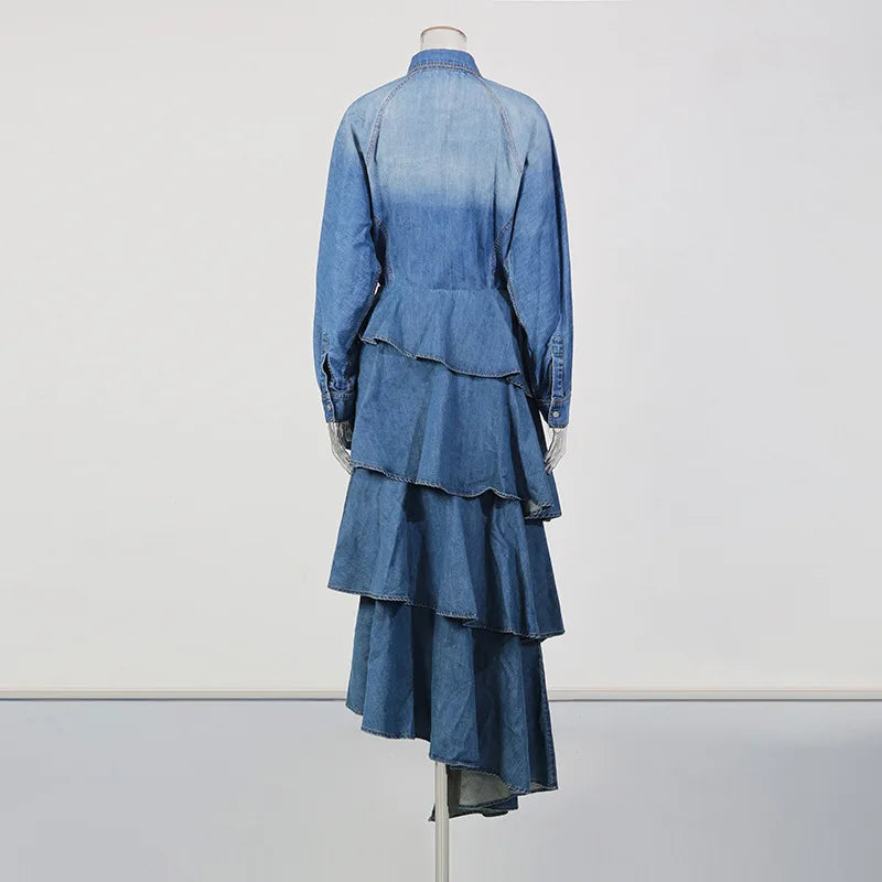 Denim Blue Gradient Colorblock Long Sleeve Turn-Down Collar Jean Shirt + Ruffled Tiered Layered Hi-Lo Tutu Jean Skirt Women's 2-Piece Set