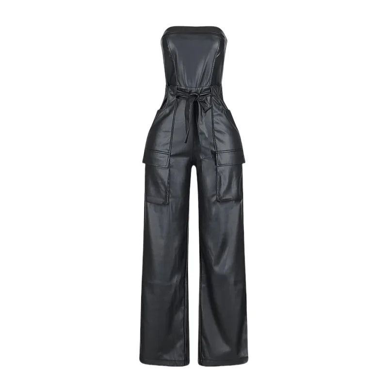 Black Sleeveless PU Leather Hip-Hop Cargo Pocketed Women's Strapless Wide Leg Tube Top Jumpsuit