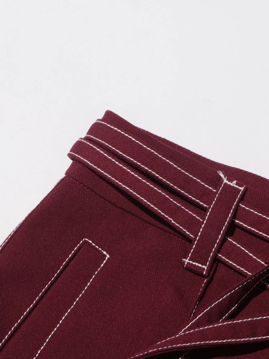 Burgundy Irregular Notched Collar Double Strap Design Blazer Jacket + High Waist Straight Pants Women's Formal Suit