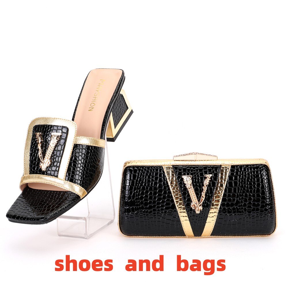 V Design Thick Heel Slipper Sandals +  Clutch Purse Set