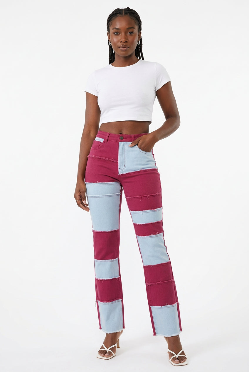 Denim Colorblock Checker Print Washed Women's Ankle Length Flared Bootcut Jeans to 3X Plus Size