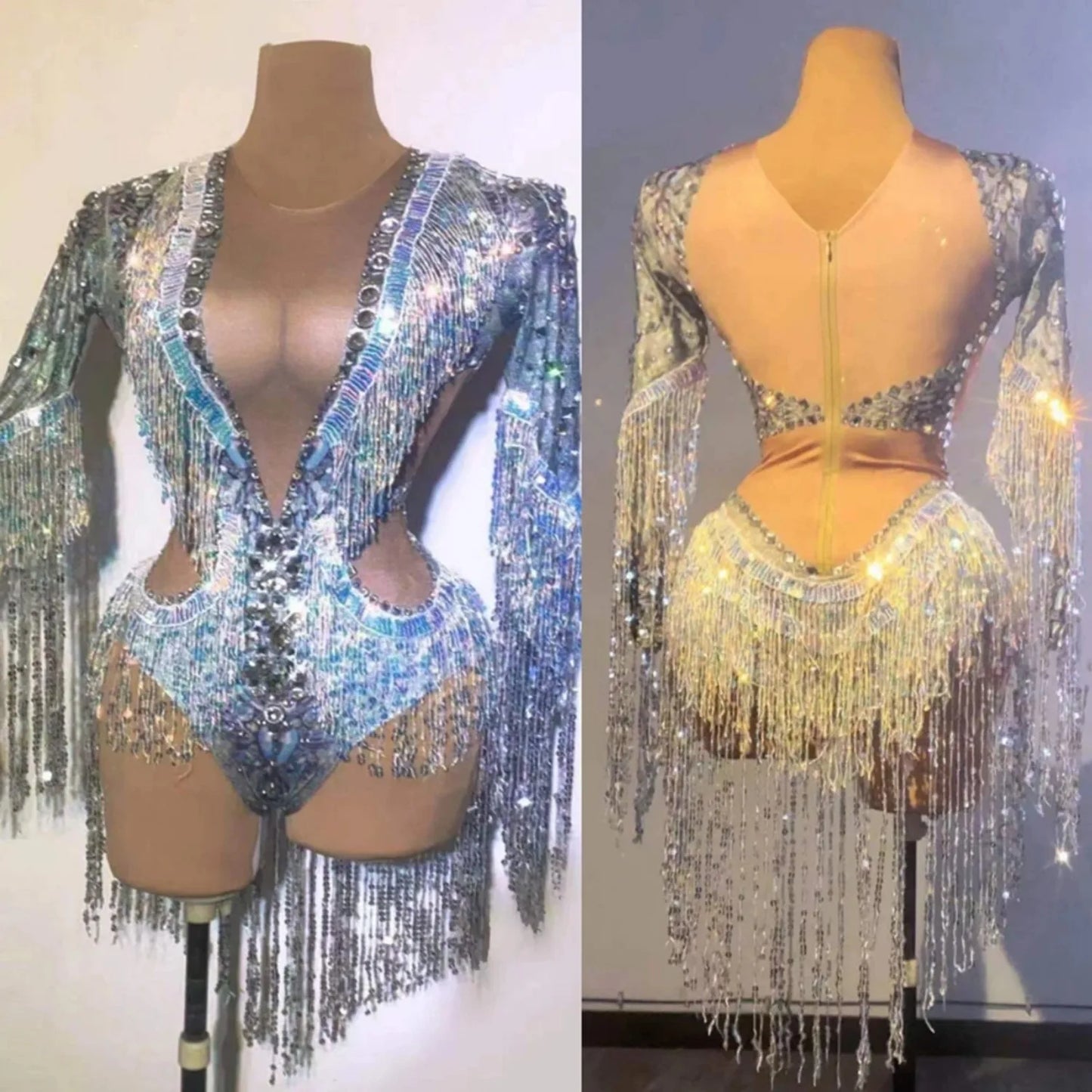 Shiny Crystal Rhinestone Long Tassel Sleeve Women's Deep V-Neck Bodysuits