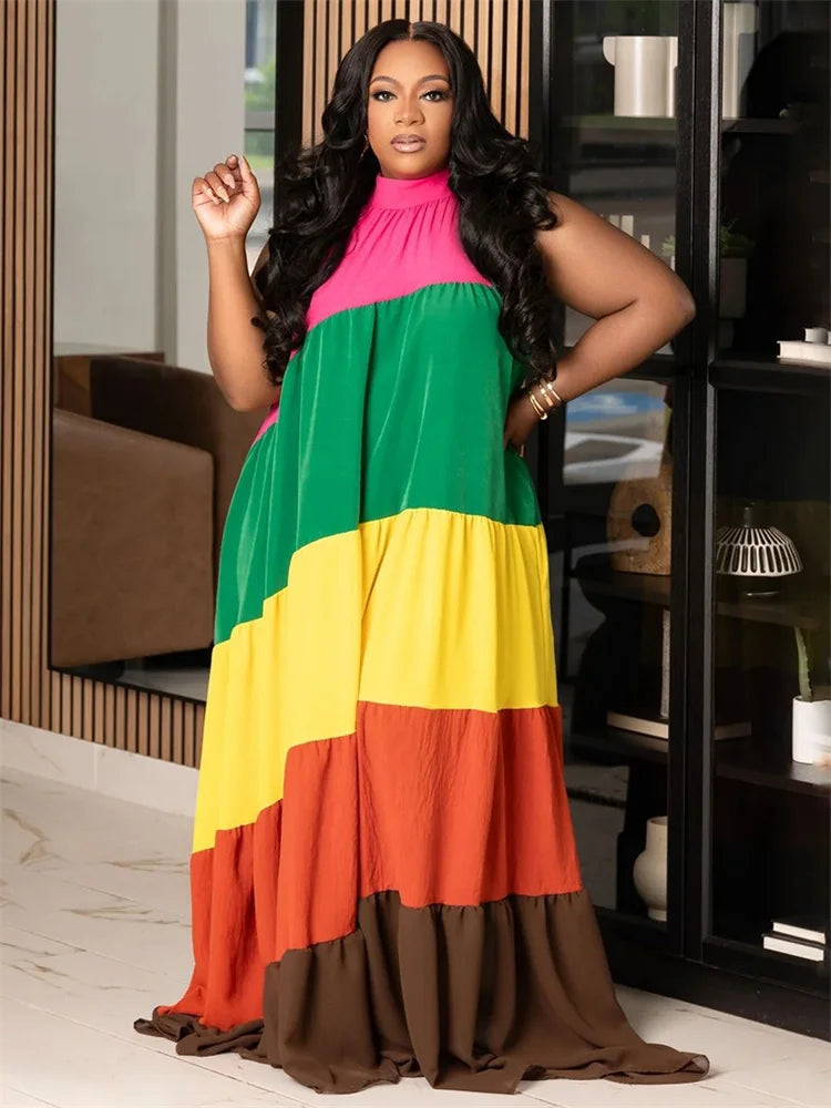 Ruffled Loose Oversized Colorblock Striped/Plaid/Flower Print Sleeveless O-Neck Bandage Maxi Dress to 5X Plus Size