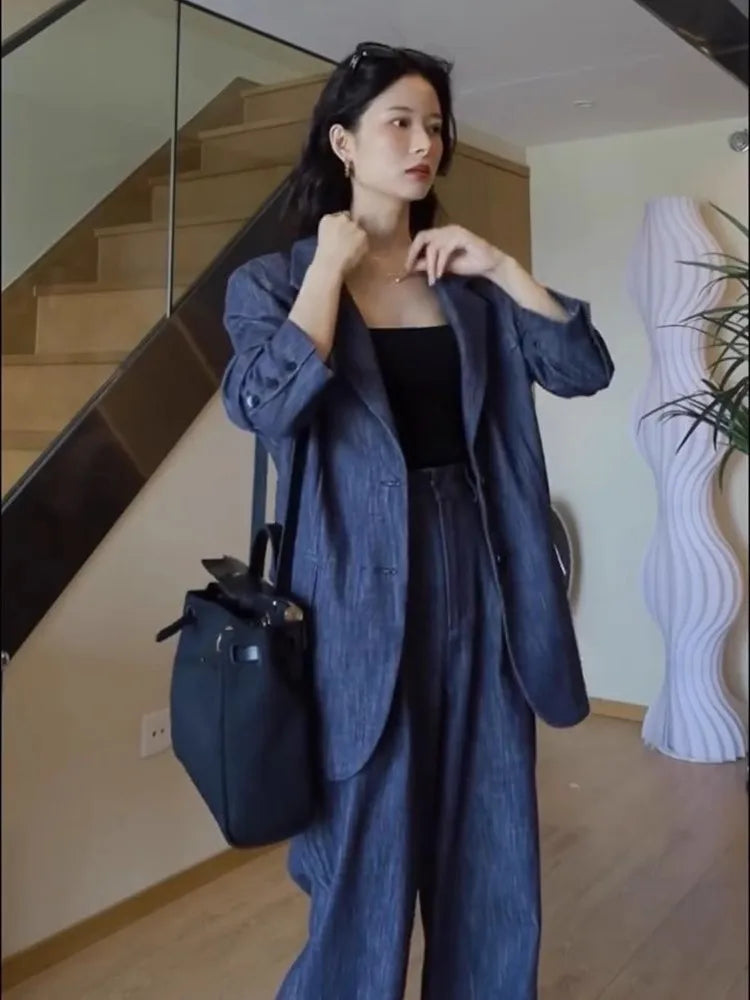 Dark Blue Demin Like Women's Blazer + Loose Pants Suit