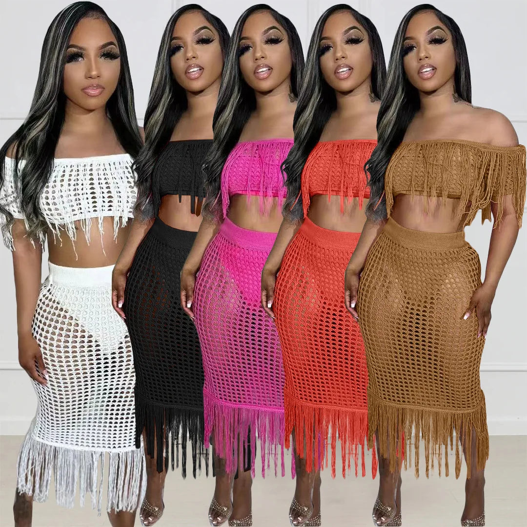 Tassel Detail Knitted Crochet Ribbed Solid Slash Neck Off-the-Shoulder Top + Hollow-Out Midi Fringe Skirt 2-Piece Set