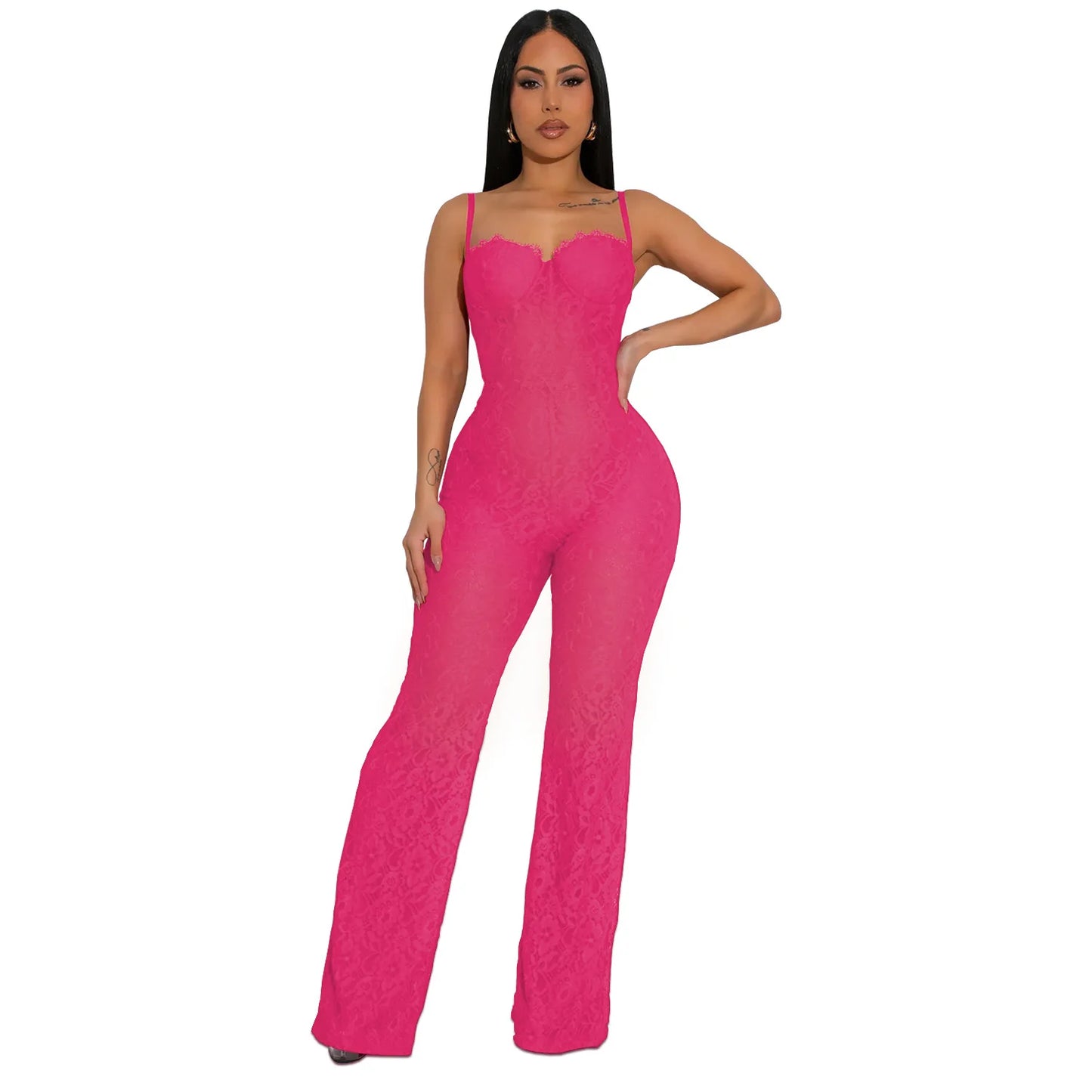 Lace Sexy Sheer Mesh Sleeveless Spaghetti Strap Solid Color Formal Jumpsuit