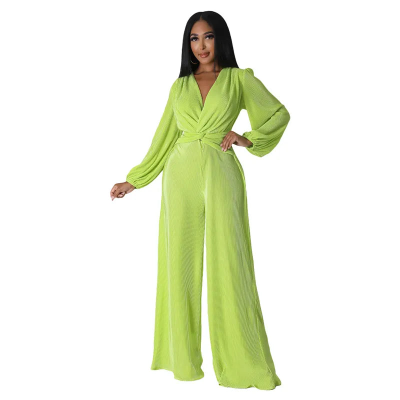 Bubble Sleeve V-Neck High Waist Wide Leg Jumpsuit