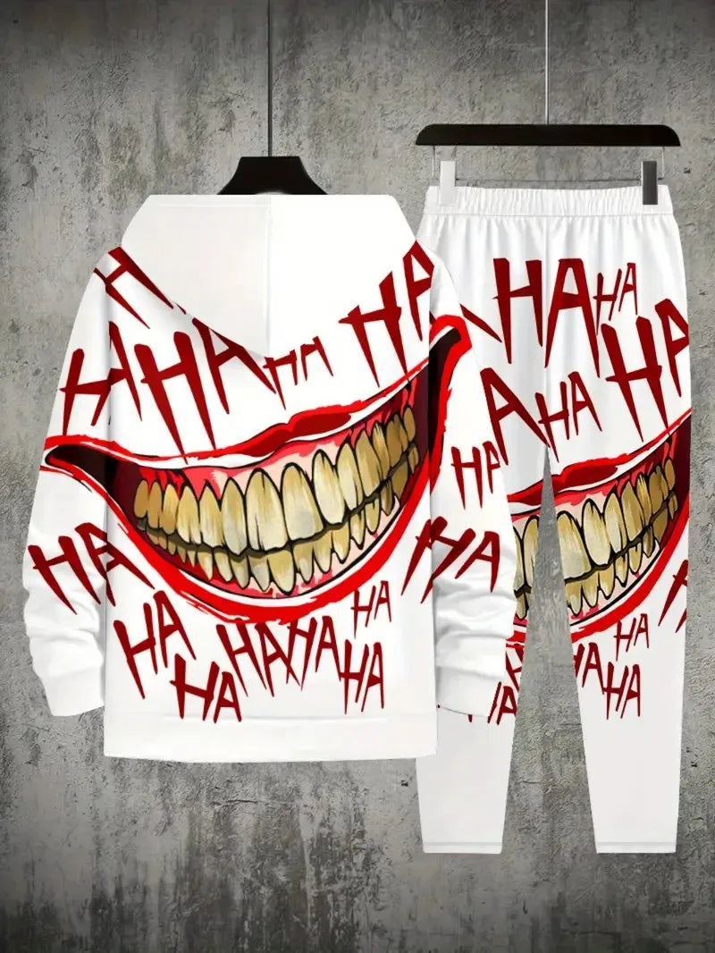 Men's Hip-Hop "HAHA" Smiley Face 3D Print Long Sleeve Hoodie Sweatshirt + Streetwear Drawstring Sweatpants Tracksuit
