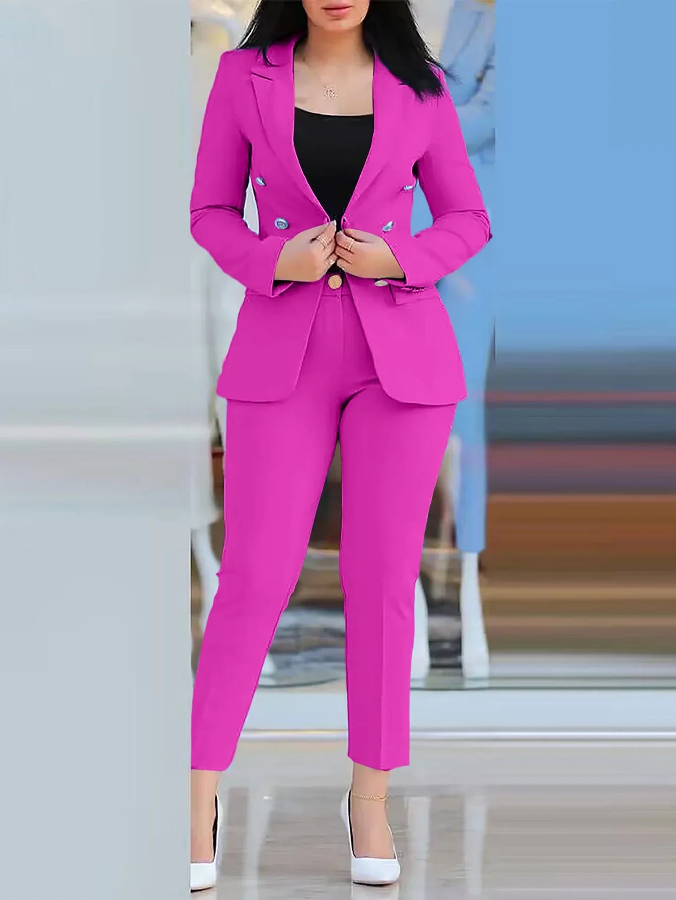 Gold Button Design Women's Solid Color Long Sleeve Blazer Jacket & High Waist Pencil Pants Business Suit