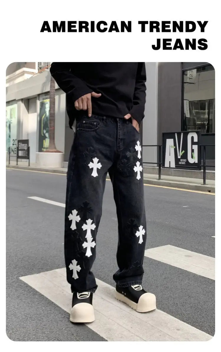 Men's Denim Black Cross Print Streetwear Mid-Rise Straight Leg Wide Leg Jeans