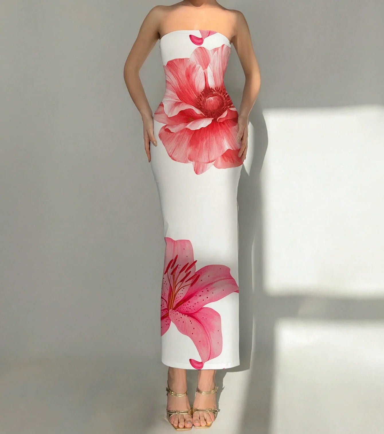 Sleeveless Big Flower Print Bodycon Skinny Maxi Tube Dress