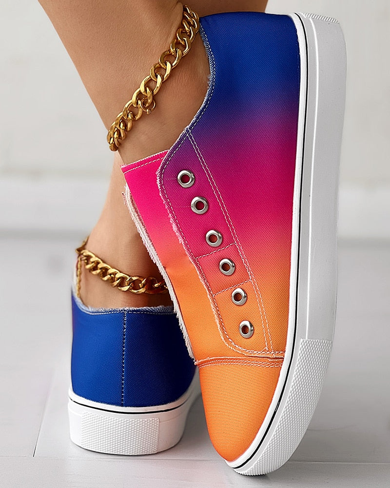 Gradient Ombre Rainbow Colorblock Eyelet Slip On Canvas Sneakers