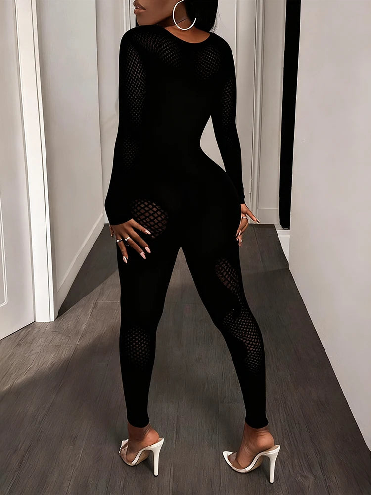 Sheer Mesh Long Sleeve Transparent Hollow-Out Body Stocking Jumpsuit