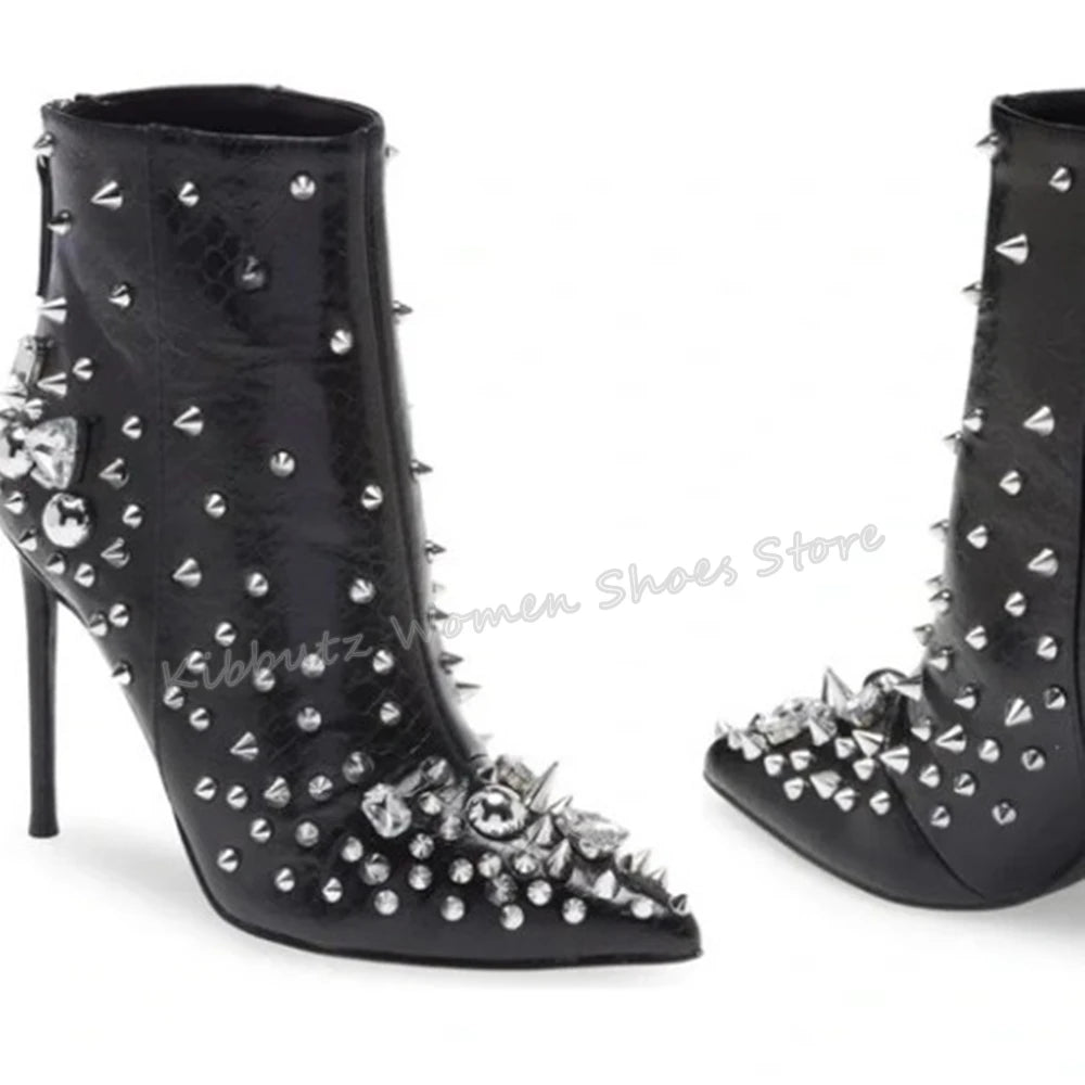 Stud Spiked Crystal Rivet Embellished Zipper Back Pointed Toe Thin Heel Women's Ankle Boots