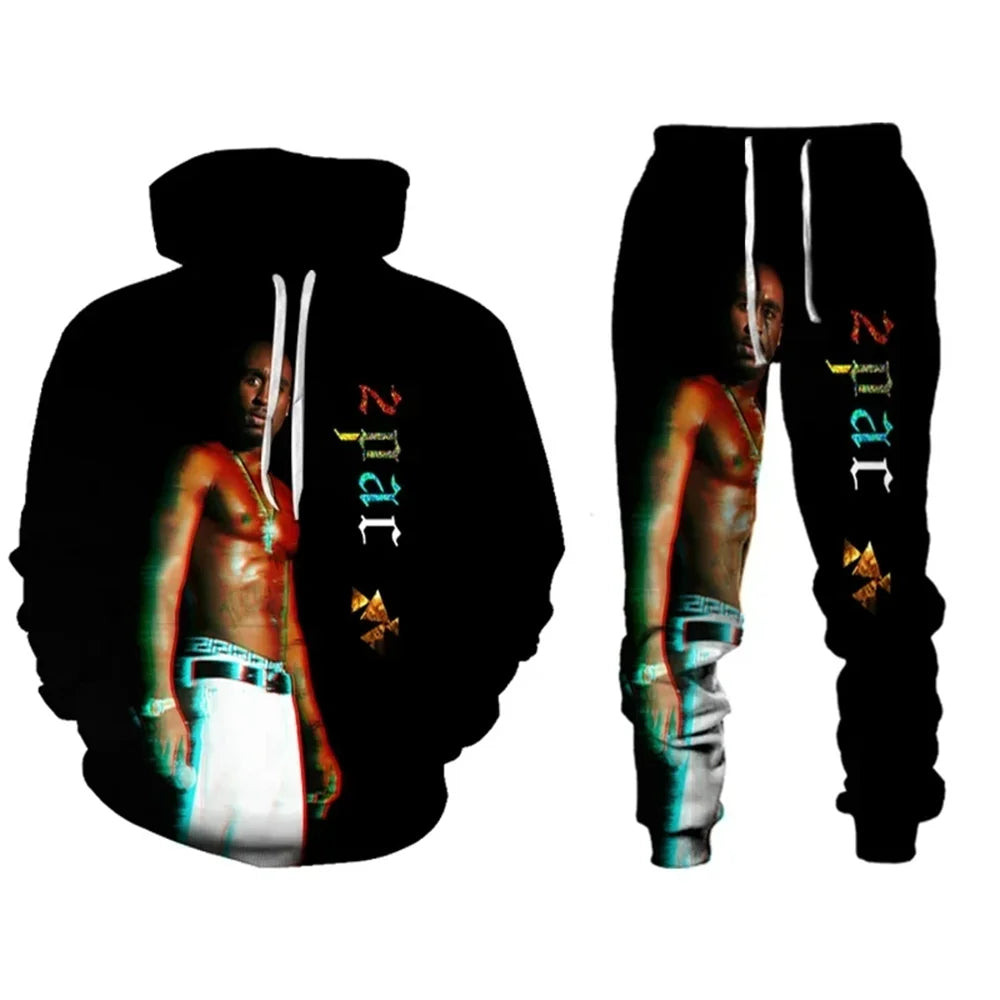 Drawstring Men's Unisex Tupac 3D Graphic Print Hoodie Sweatshirt + Jogger Sweatpants Tracksuit