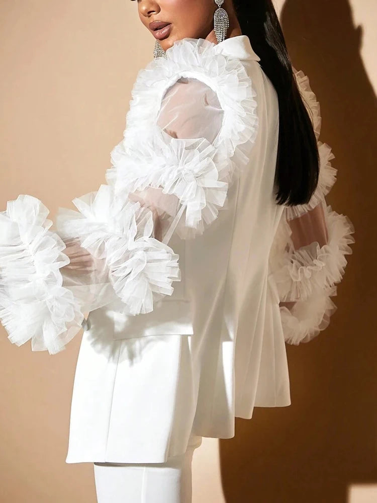 White Faux Fur Patchwork Sheer Mesh Sleeve Notched Collar Long Sleeve Double Breasted Women's Formal Blazer Jacket